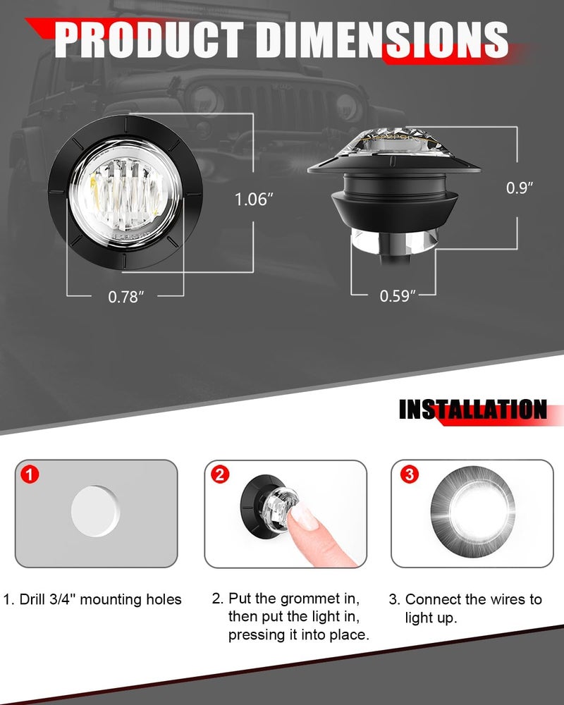 BJZ 3/4" Round Trailer Marker LED Lights Blue to White Dual Color Side Clearance Tail Bullet Light 12V 4LED Indicator Light w/Clear Lens for Trailer Truck Van RV ATV Bus, 10Pcs - Image 5